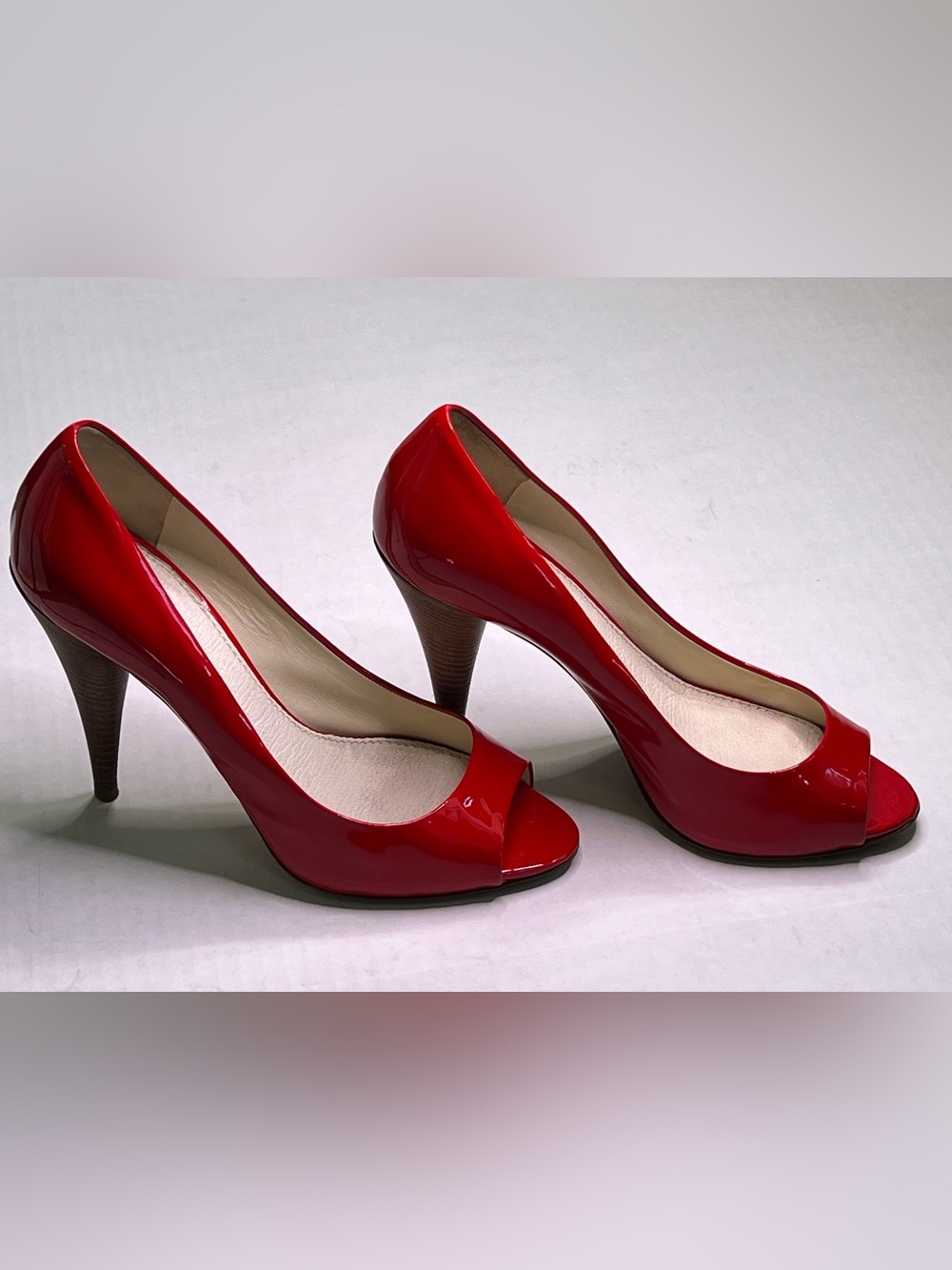 Miu Miu Red Patent Leather Peep Toe Pumps Stiletto Heels EU 38 Made Italy